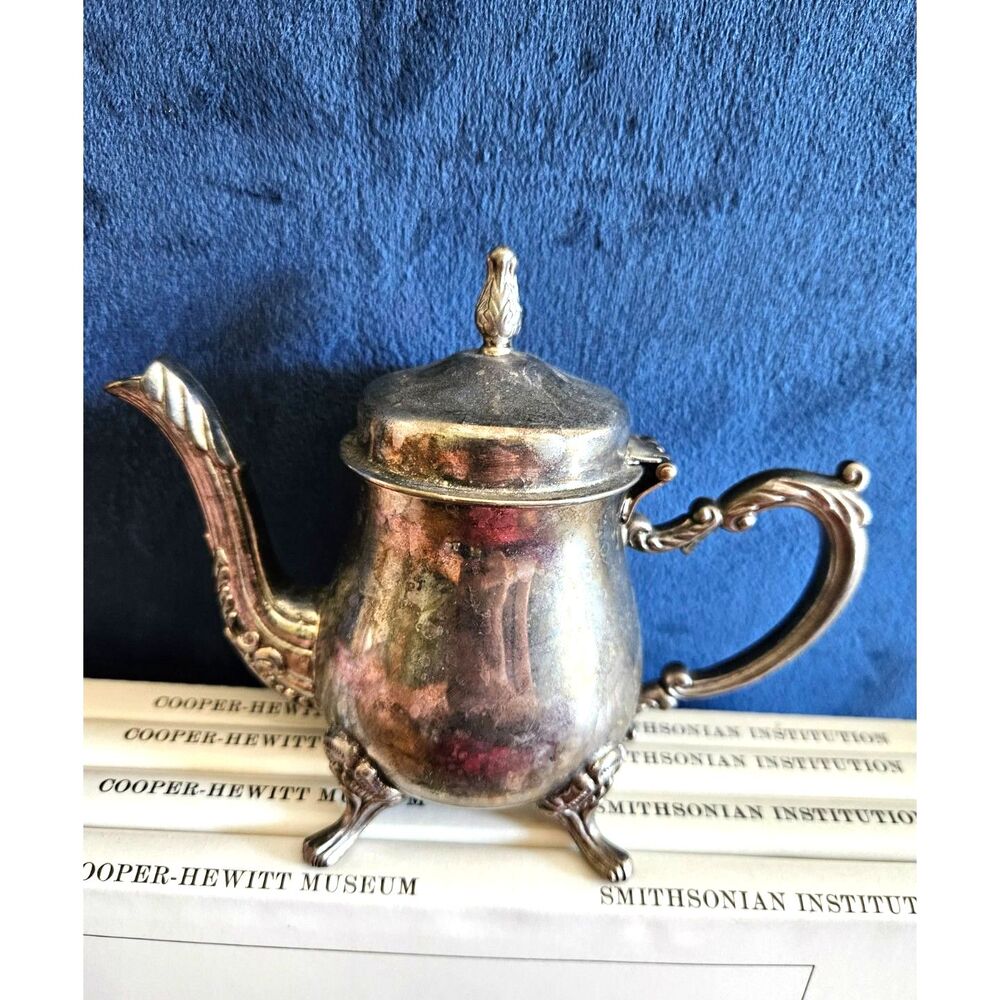 Elegance Vintage Silver Plated Mini Tea Pot Scrollwork Footed Base Curved Spout